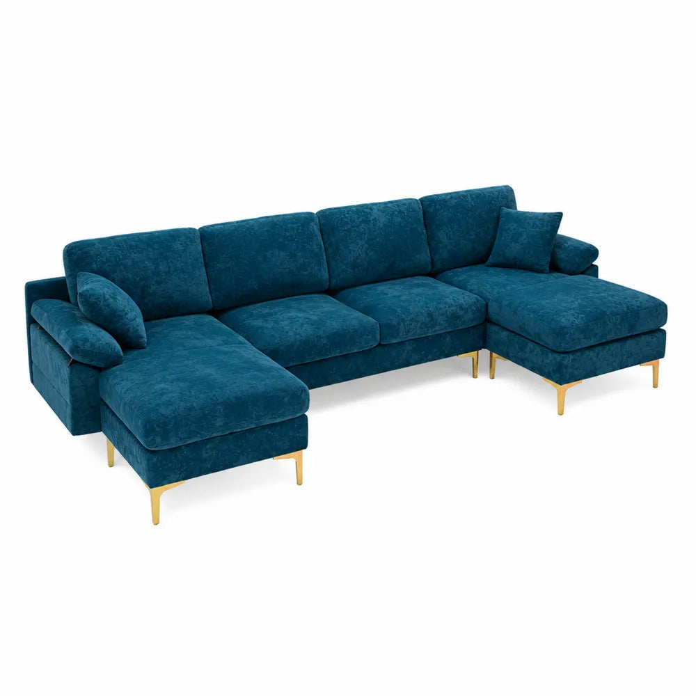 Ecksofa aus Samt mit Chaise Longue in Blau und M