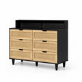 Kommode mit 6 Schubladen aus Holz und Rattan, Schwarz